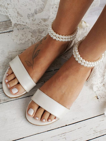 ホーボー ブライダル シューズ フラット オープントゥ パール アンクルストラップ ウェディングシューズ