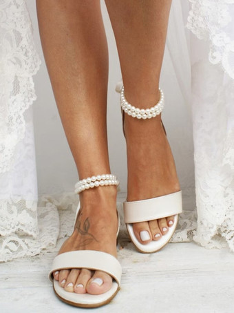 ホーボー ブライダル シューズ フラット オープントゥ パール アンクルストラップ ウェディングシューズ