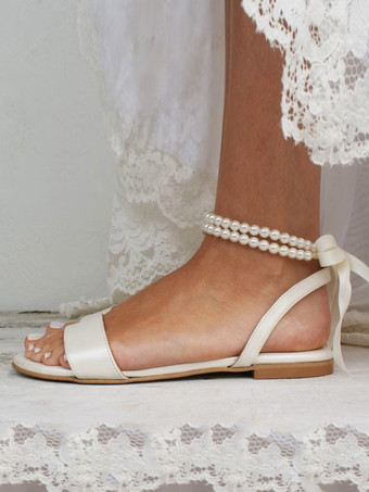 ホーボー ブライダル シューズ フラット オープントゥ パール アンクルストラップ ウェディングシューズ