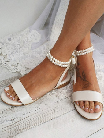 Zapatos de novia Hobo Zapatos de boda planos con punta abierta y perlas con correa en el tobillo