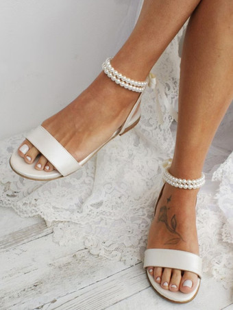 ホーボー ブライダル シューズ フラット オープントゥ パール アンクルストラップ ウェディングシューズ