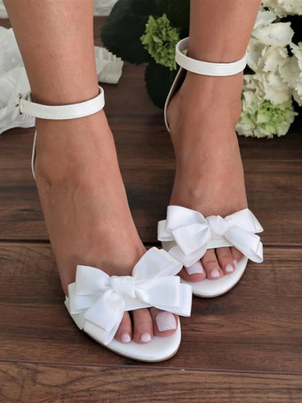 ウェディングサンダルシューズ ホワイト リボン オープントゥ アンクルストラップ ブライダルシューズ