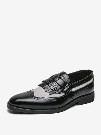 ブラック ストラップ調節可能なスリッポンカラーブロックラウンドトゥメンズモンクローファーシューズ