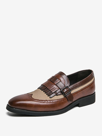 ブラウン ストラップ調節可能なスリッポンカラーブロックラウンドトゥメンズモンクローファーシューズ