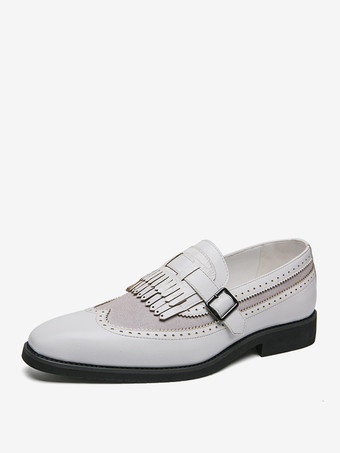 ホワイト ストラップ調節可能なスリッポンカラーブロックラウンドトゥメンズモンクローファーシューズ