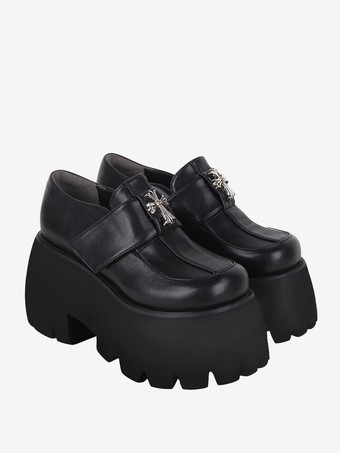 ゴシックロリータフットウェア ブラッククロスメタルディテール ラウンドトゥ PUレザーロリータシューズ
