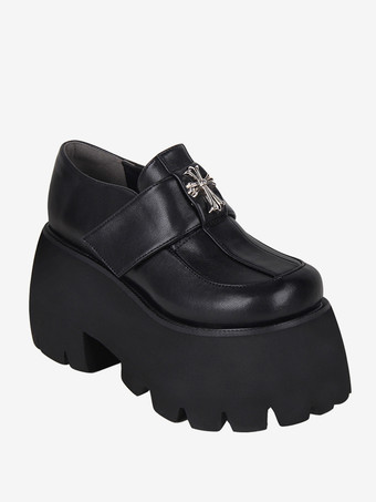 ゴシックロリータフットウェア ブラッククロスメタルディテール ラウンドトゥ PUレザーロリータシューズ