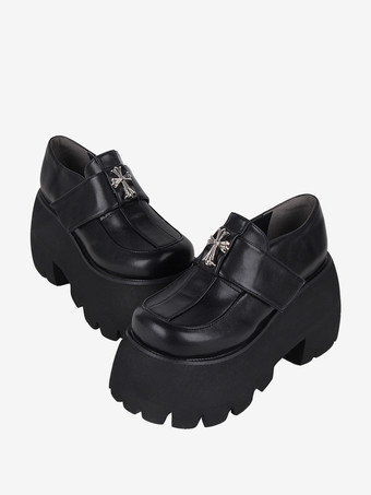 ブラック ゴシックロリータフットウェア ブラッククロスメタルディテール ラウンドトゥ PUレザーロリータシューズ