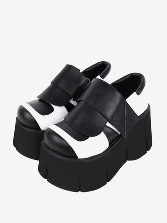 ゴシックロリータフットウェアブラックツートンラウンドトゥPUレザーロリータシューズ