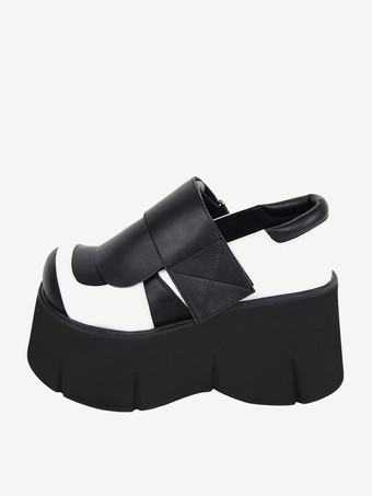 ゴシックロリータフットウェアブラックツートンラウンドトゥPUレザーロリータシューズ