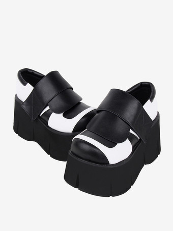 ゴシックロリータフットウェアブラックツートンラウンドトゥPUレザーロリータシューズ