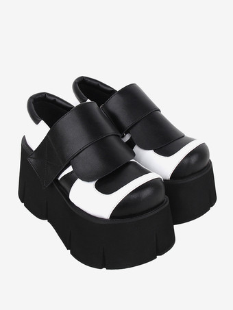 ゴシックロリータフットウェアブラックツートンラウンドトゥPUレザーロリータシューズ