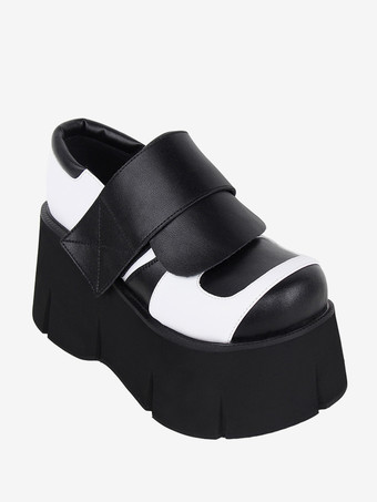 ブラック ゴシックロリータフットウェアブラックツートンラウンドトゥPUレザーロリータシューズ