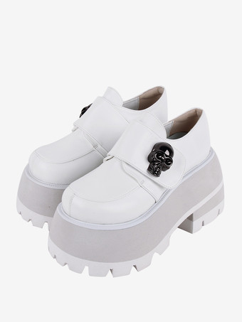 ゴシックロリータフットウェア ホワイトスケルトンメタルディテール ラウンドトゥ PUレザーロリータシューズ