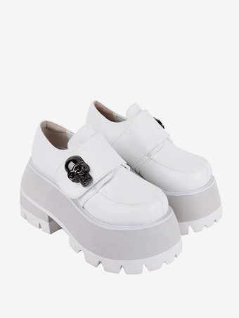 ゴシックロリータフットウェア ホワイトスケルトンメタルディテール ラウンドトゥ PUレザーロリータシューズ