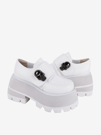 ゴシックロリータフットウェア ホワイトスケルトンメタルディテール ラウンドトゥ PUレザーロリータシューズ