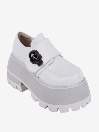 ゴシックロリータフットウェア ホワイトスケルトンメタルディテール ラウンドトゥ PUレザーロリータシューズ