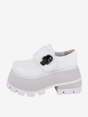 ホワイト ゴシックロリータフットウェア ホワイトスケルトンメタルディテール ラウンドトゥ PUレザーロリータシューズ
