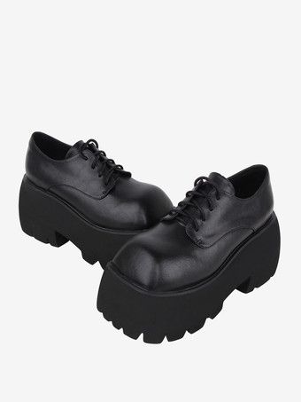 ゴシックロリータフットウェアブラックレースアップPUレザーウェッジヒールロリータシューズ