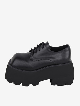 ゴシックロリータフットウェアブラックレースアップPUレザーウェッジヒールロリータシューズ