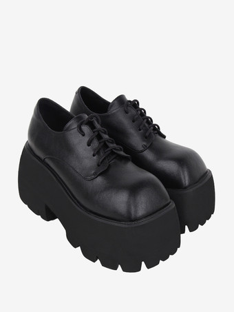 ゴシックロリータフットウェアブラックレースアップPUレザーウェッジヒールロリータシューズ