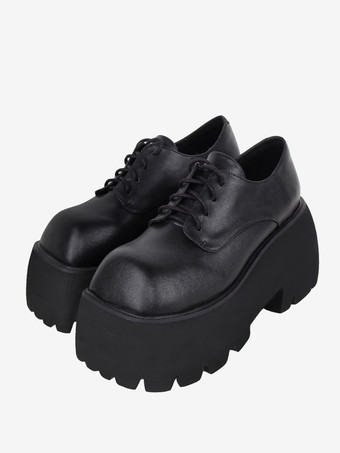 ゴシックロリータフットウェアブラックレースアップPUレザーウェッジヒールロリータシューズ