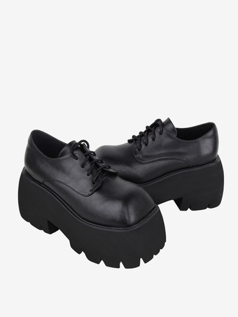 ブラック ゴシックロリータフットウェアブラックレースアップPUレザーウェッジヒールロリータシューズ