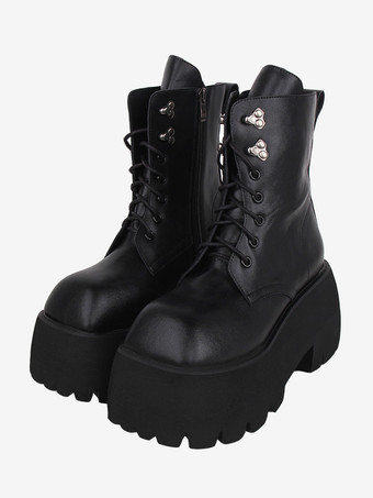 ゴシック ロリータ ブーツ ブラック グロメット メタリック スクエア トゥ PU レザー ロリータ フットウェア