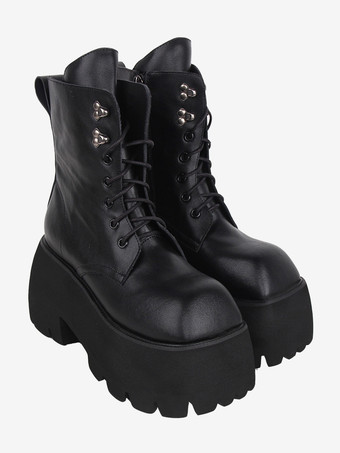 ゴシック ロリータ ブーツ ブラック グロメット メタリック スクエア トゥ PU レザー ロリータ フットウェア