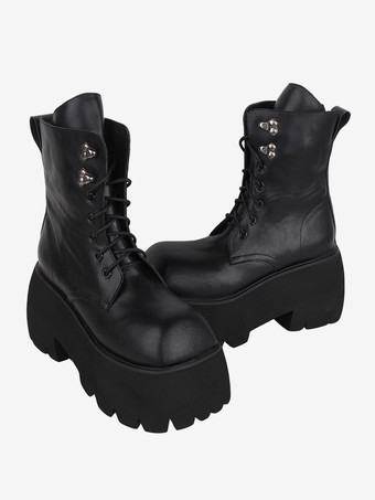 ゴシック ロリータ ブーツ ブラック グロメット メタリック スクエア トゥ PU レザー ロリータ フットウェア