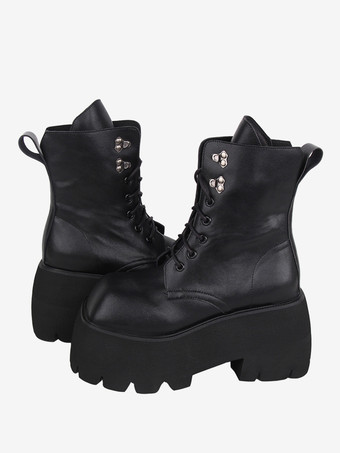 ゴシック ロリータ ブーツ ブラック グロメット メタリック スクエア トゥ PU レザー ロリータ フットウェア