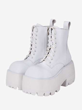 ホワイト ゴシック ロリータ ブーツ ブラック レースアップ スクエアトゥ PU レザー ロリータ フットウェア