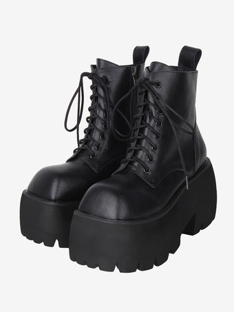 ゴシック ロリータ ブーツ ブラック レースアップ スクエアトゥ PU レザー ロリータ フットウェア