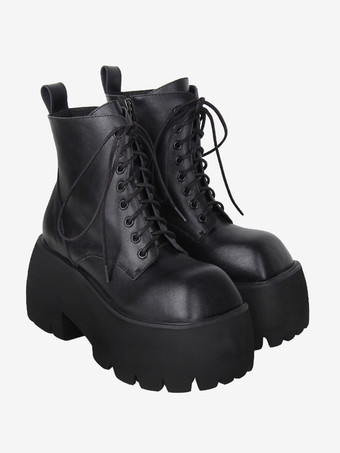 ゴシック ロリータ ブーツ ブラック レースアップ スクエアトゥ PU レザー ロリータ フットウェア