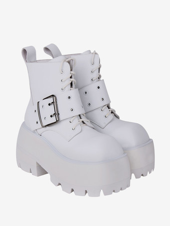 ゴシック ロリータ ブーツ ホワイト グロメット メタリック スクエア トゥ PU レザー ロリータ フットウェア