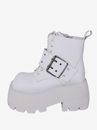 ホワイト ゴシック ロリータ ブーツ ホワイト グロメット メタリック スクエア トゥ PU レザー ロリータ フットウェア