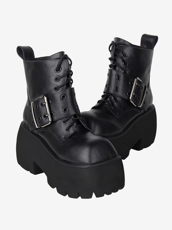 ゴシック ロリータ ブーツ ホワイト グロメット メタリック スクエア トゥ PU レザー ロリータ フットウェア