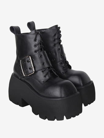 ゴシック ロリータ ブーツ ホワイト グロメット メタリック スクエア トゥ PU レザー ロリータ フットウェア