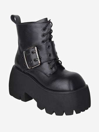 ブラック ゴシック ロリータ ブーツ ホワイト グロメット メタリック スクエア トゥ PU レザー ロリータ フットウェア