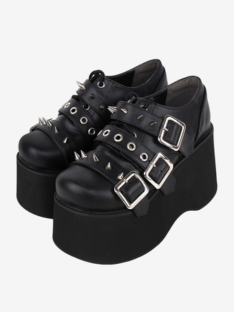 ゴシックロリータフットウェア ブラックメタリックグロメットラウンドトゥPUレザーロリータパンプス