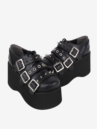 ゴシックロリータフットウェア ブラックメタリックグロメットラウンドトゥPUレザーロリータパンプス