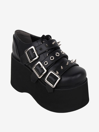 ゴシックロリータフットウェア ブラックメタリックグロメットラウンドトゥPUレザーロリータパンプス