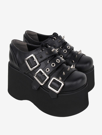 ゴシックロリータフットウェア ブラックメタリックグロメットラウンドトゥPUレザーロリータパンプス