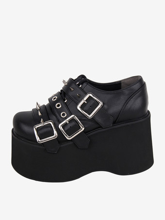 ブラック ゴシックロリータフットウェア ブラックメタリックグロメットラウンドトゥPUレザーロリータパンプス