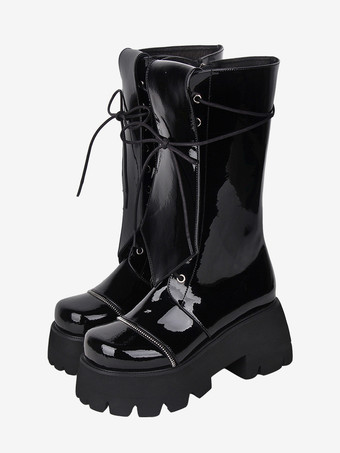 ゴシック ロリータ ブーツ PU レザー グリッター レースアップ ラウンドトゥ ブラック ロリータ フットウェア