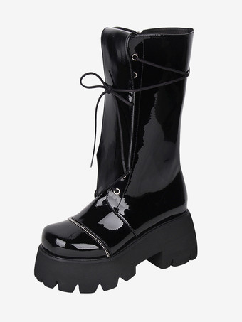 ゴシック ロリータ ブーツ PU レザー グリッター レースアップ ラウンドトゥ ブラック ロリータ フットウェア