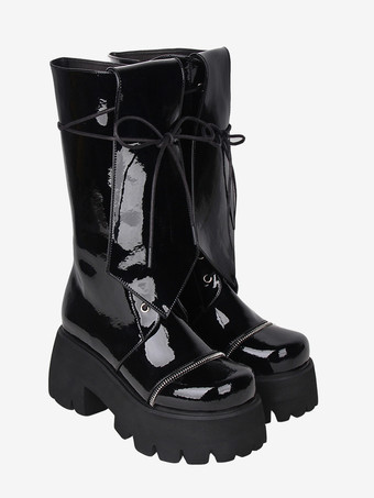 ゴシック ロリータ ブーツ PU レザー グリッター レースアップ ラウンドトゥ ブラック ロリータ フットウェア