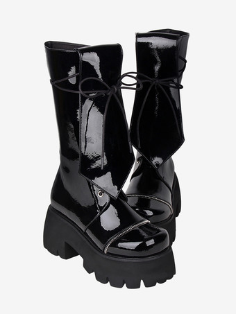 ゴシック ロリータ ブーツ PU レザー グリッター レースアップ ラウンドトゥ ブラック ロリータ フットウェア