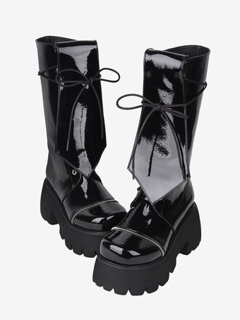 ブラック ゴシック ロリータ ブーツ PU レザー グリッター レースアップ ラウンドトゥ ブラック ロリータ フットウェア