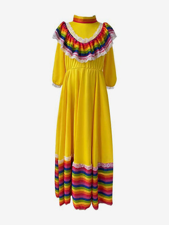 イエローメキシコのロングスカート民族衣装ハロウィン死者の日のロールプレイヨーロッパとアメリカの舞台大きなスイングスカート